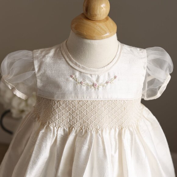 Ivory Dupioni Silk Smocked Dress Flower Girl Special Occasion Hand Embroidery - Picture 2 of 7